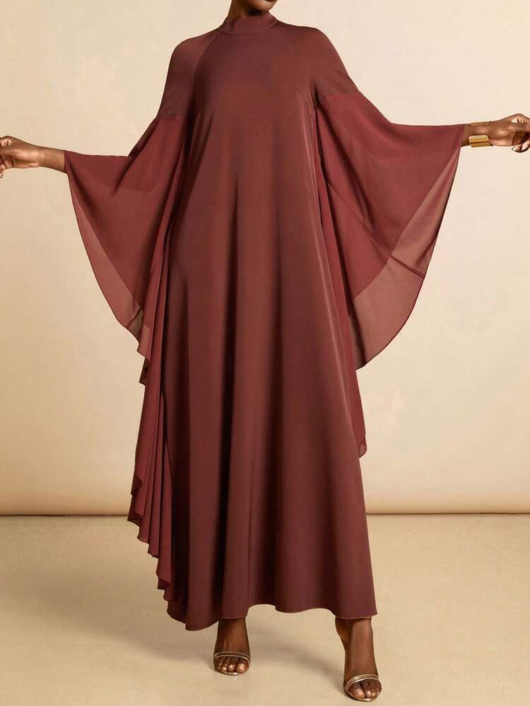 Vesra Roupão Solto com Gola Bordô, Mangas Franzidas e Drapeadas - Marrom - Visão 5