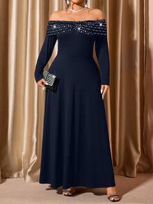 Cravure Vestido elegante de hombros descubiertos para mujer de talla grande, adecuado para fiestas y citas - Azul Marino - Ver 4