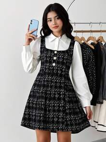 少女优雅公主风粗花呢印花甜美可爱拼接连衣裙，时尚休闲百搭，适合各种场合，如派对、典礼、学校等。