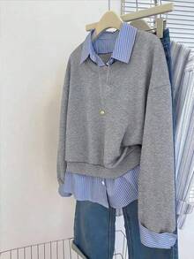 SHEIN Sudadera casual de talla grande con parches y rayas, de hombros caídos, para otoño - Gris - Ver 1