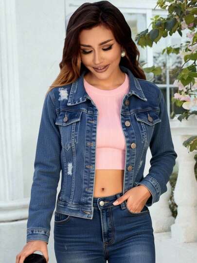 Mujer denim chamarra para cualquier ocasión trendy casual atemporal  corte cuello camisero manga larga primavera otoño invierno uso diario