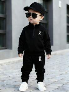 2pcs/Set Infant Toddler Unisex 0-3Y Casual Sports Crown & Letter Print Black Long Sleeve Zip-Up Pullover Sweatshirt And Sweatpants Set, Baby Boy/Girl Athletic Outfit, Autumn/Winter/Spring Black Baby Boy Clothes Baby Tracksuit 2 Piece Toddler Sets