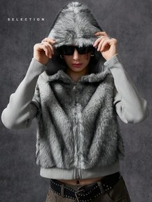 LYSMO 2025新款极简主义冬季女式休闲时尚街头风连帽长袖人造毛皮拉链开衫背心，秋冬灰色毛皮外套女式冬季服装外套女式秋季服装 - 灰色 - 查看 3