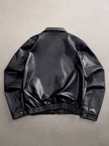 AXEPEAK 男士短款黑色皮夹克，秋冬 - 黑色 - 查看 2