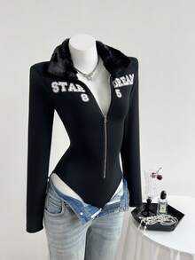 Elamini Women's Raglan Sleeve Zip-Up Fitted Bodysuit With Fur Collar & Letter Graphic - Black - View 3