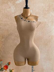 Soleia Holiday Women's New Metallic Texture Asymmetric Shoulder Jumpsuit, Minimalist Design For Summer - Khaki - View 4