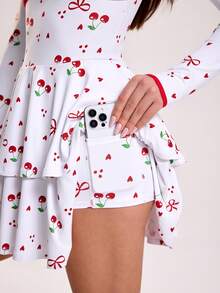 Sovereign Charm Women's Red And White Cherry Print Long Sleeve Dress,Cute Summer Vacation Outdoor Sports Mini Layered Tiered Ruffle Dress With Phone Pocket Shorts - Red and White - View 6