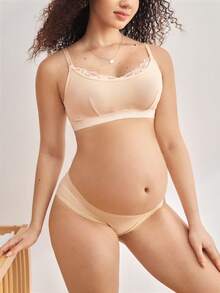 Moonlight&Mama 1pc Solid Color Nursing Bra, Lace Trim Maternity Bra, Unpadded Front Closure Excellent Nursing Bra - Apricot - View 2