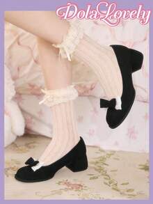 Dola Lovely 女士蝴蝶结甜美温柔圆头粗跟绒面玛丽珍鞋，适合万圣节、圣诞节、感恩节、秋冬季 - 黑色 - 查看 5