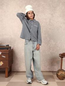 SUMWON Boys Stripe Button Down Shirt With Embroidered Logo Detail Long Sleeve Collared Top - Navy Blue - View 6