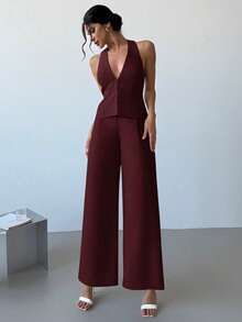 Firerie 两件套：优雅轻盈的亚麻裹身V领无袖背心和高腰褶裥阔腿裤，休闲商务通勤装，春夏、毕业典礼、教师装，秋冬返校季皆宜。 - 酒紅色 - 查看 8