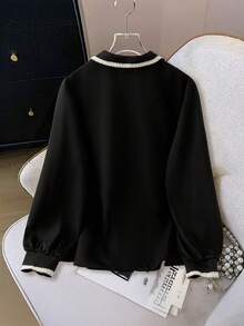 GlowEve CURVE Plus Size Solid Color Patchwork Ribbon Button Elegant Casual Women Blouse, Autumn/Winter Black Blouses - Black - View 2