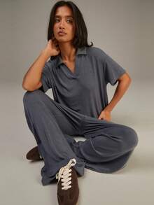 Athîral 女士深灰色简约长裤，适合日常休闲穿着，舒适柔软的针织面料，宽松的H字版型，休闲女装，新年必备 - Iron Gray - 查看 6