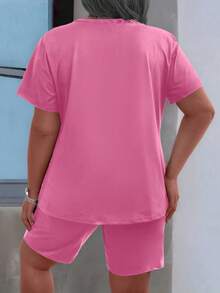 Maweii Plus Size Solid Color Short Sleeve Top And Shorts 2 Pieces Casual Set - Pink - View 2