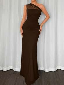 Firerie 女士优雅浪漫时尚通勤性感优雅风格不对称肩部紧身长裙，适合派对、海滩度假、返校、浪漫约会、婚礼季、生日、复活节、春夏季 - 咖啡棕 - 查看 3