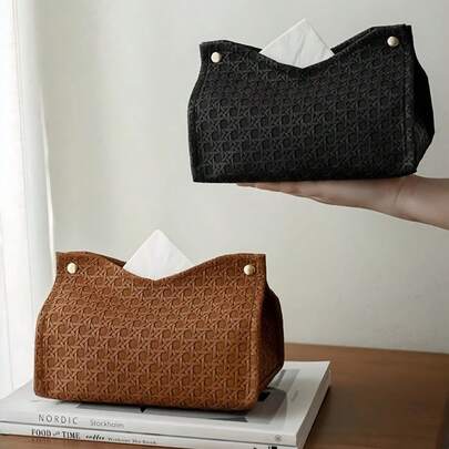 1PC Woven Pattern Paper Towel Box High Capacity Tissue Organizer Storage Cover For Home Living Room Tabletop Kitchen Dining Bedroom Decor Holiday Festival Wedding Gift Must Have