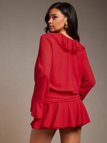 L'Amorae Women Ruffle Detail Drop Waist Long Sleeve Mini Dress, Valentines Date Night Outfit In Red - Red - View 3