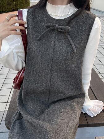 FRIFUL Women's Solid Color Round Neck Sleeveless Tie Neck Bow Decor A-Line Layered Casual Loose Midi Dress, Versatile For Autumn/Winter