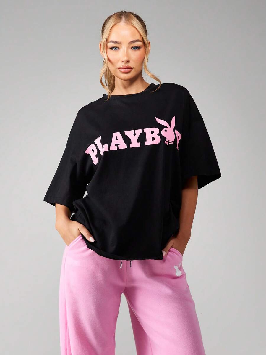 Missguided x Playboy 超大款纯棉T恤，粉色Logo印花，短袖圆领，休闲宽松版型，春夏百搭吸睛单品 - 黑色 - 查看 1