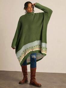 Freevana Suéter de manga de murciélago con cuello alto y patrón geométrico retro de talla grande - Multicolor - Ver 3