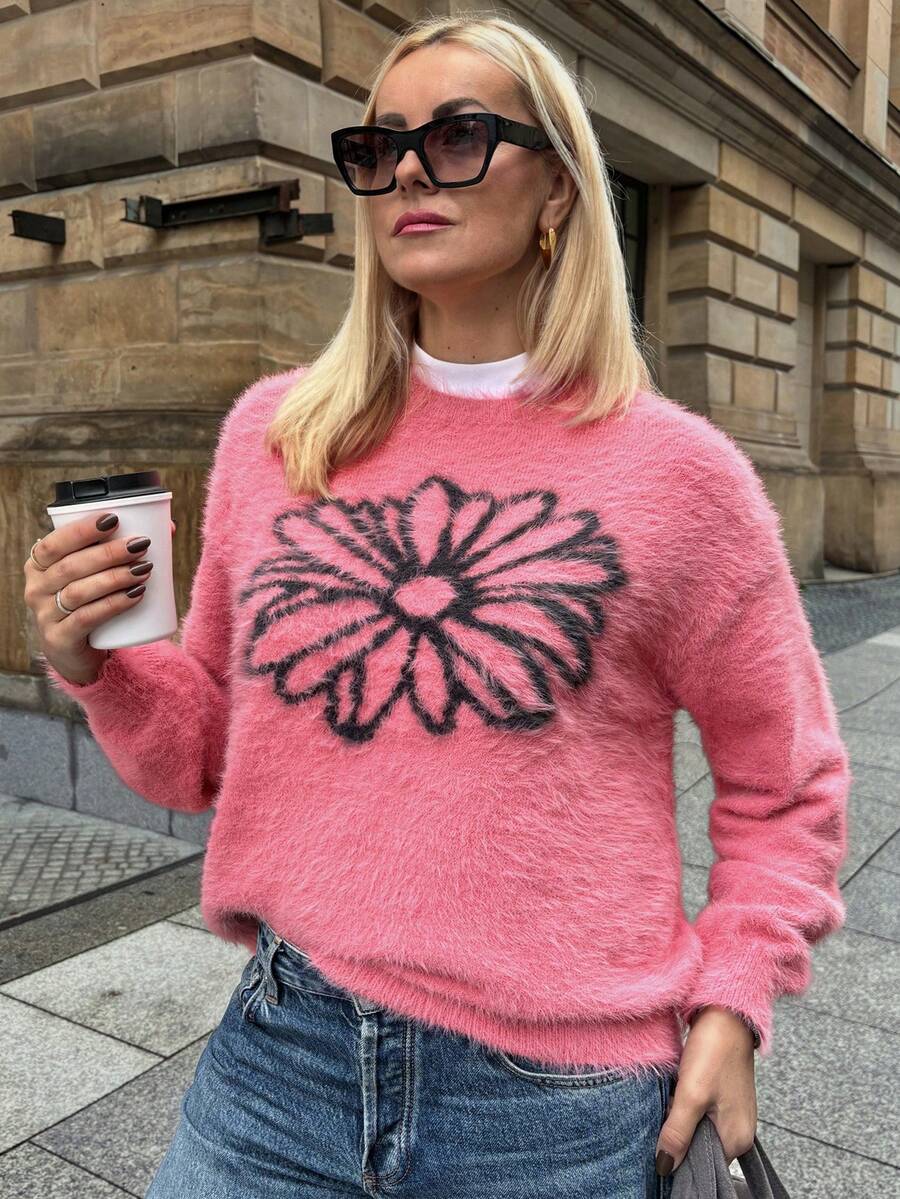 Vivie Lora Women's Loose Fit Floral Pattern Fuzzy Knit Sweater, Pink, Autumn/Winter - Pink - View 1