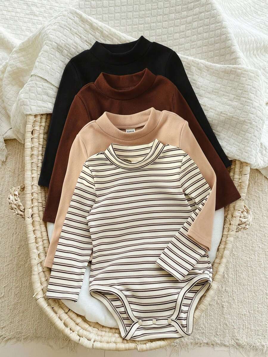 SHEIN 4 buc/set nou-născut bebeluș băiat/fată casual drăguț tricotat cu dungi și culoare solidă, body cu mânecă lungă, ținută de bază din 4 piese, haine unisex pentru bebeluși, haine de iarnă pentru bebeluși la modă