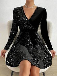 Women's Party Rhinestone Velvet Patchwork Long Sleeve Dress - Black - View 1