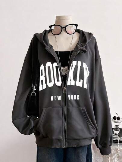 一件装休闲简约字母印花口袋拉链卫衣外套，适合青少年女孩，简约街头风，秋冬季必备单品