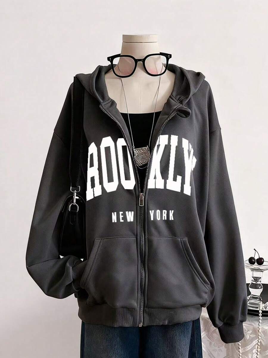 1 pieza Chaqueta con cremallera y bolsillo con estampado de letra minimalista y casual para adolescentes. Estilo de ropa urbana sencilla, esencial para otoño/invierno - Gris Oscuro - Ver 1