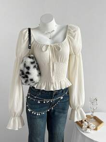 Camiseta de manga larga ajustada de mujer de cuello cuadrado retro francés con mangas abullonadas, nueva en color blanco, para otoño/invierno - Albaricoque - Ver 4