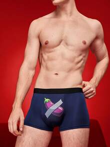 Calzoncillos tipo bóxer cómodos con diseño de berenjena navideña de color contrastante, regalos navideños divertidos para hombres - Azul Marino - Ver 4