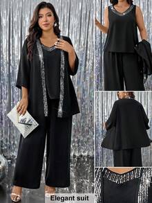 SHEIN LUNE 三件套亮片拼接无袖上衣、七分袖外套和裤子，大码派对套装 - 黑色 - 查看 5
