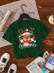 男童圣诞字母元素印花，圣诞元素，时尚百搭，休闲舒适的男童红色圆领T恤 - 彩色 - 查看 5