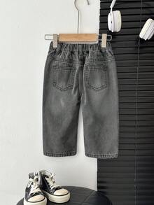 SHEIN Baby Boy Solid Color Elastic Waist Casual Versatile Jeans - Black - View 2