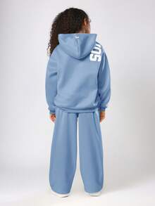 SUMWON Letter Print Hoodie And Wide Leg Jogger Co-Ord Set For Casual Weekend Comfort Winter Wear Vacation - Blue - View 2