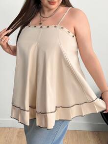 Enliva 大码女式金属孔眼细节、褶饰、A 字下摆可调节肩带吊带背心/秋冬 - 卡其色 - 查看 5