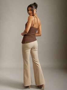 Hauture 性感夏季办公室休闲简约纯色不对称单肩下摆吊带背心 - 棕色 - 查看 2