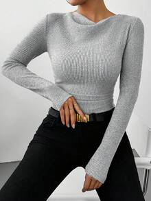 SHEIN PETITE 短款纯灰色高领连体衣，喇叭领口，收腰设计，修身长袖连体衣；灰色罗纹磨毛长袖连体衣。女士冬季服装、圣诞节、新年服装、白色新年装、派对、海滩、优雅、休闲、女士休闲装、浪漫、情人节、约会、毕业季服装、时尚休闲通勤装、商务办公装、百搭时尚日常休闲装、都市教师职业装 - 灰色 - 查看 5