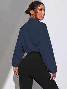 SHEIN Dewbera Women's Solid Color Zip Front Drawstring Hem Woven Sports Jacket - Navy Blue - View 2