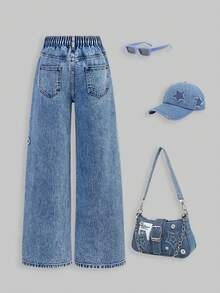 SHEIN ChillGRL Tween GirlsNew Fashion Snowflake Washed Distressed Embroidered Wide-Leg Jeans - Medium Wash - View 2