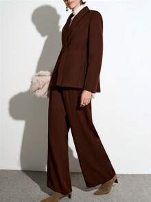 Aalyst 女士优雅法式V领西装外套搭配宽松阔腿裤，适合通勤、度假、下午茶、浪漫场合。 - 咖啡棕 - 查看 7