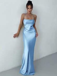 Aloruh Women's Backless Spaghetti Strap Sleeveless Elegant Long Dress - Baby Blue - View 6