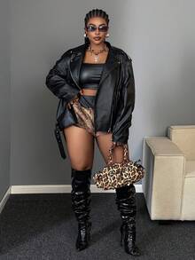 Maweii 大码纯色系带夹克，时尚通勤装，秋季必备 - 黑色 - 查看 3