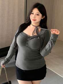 Dazy Plus 大码女式纯色修身系带长袖短款 T 恤，春/秋 - 灰色 - 查看 4