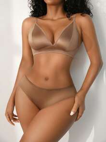 NudeFit 2pcs Satin Shiny Fabric Triangle Cup Bra And Panty Set