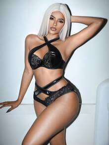 两件套性感黑色蕾丝拼接交叉内衣套装 - 黑色 - 查看 3