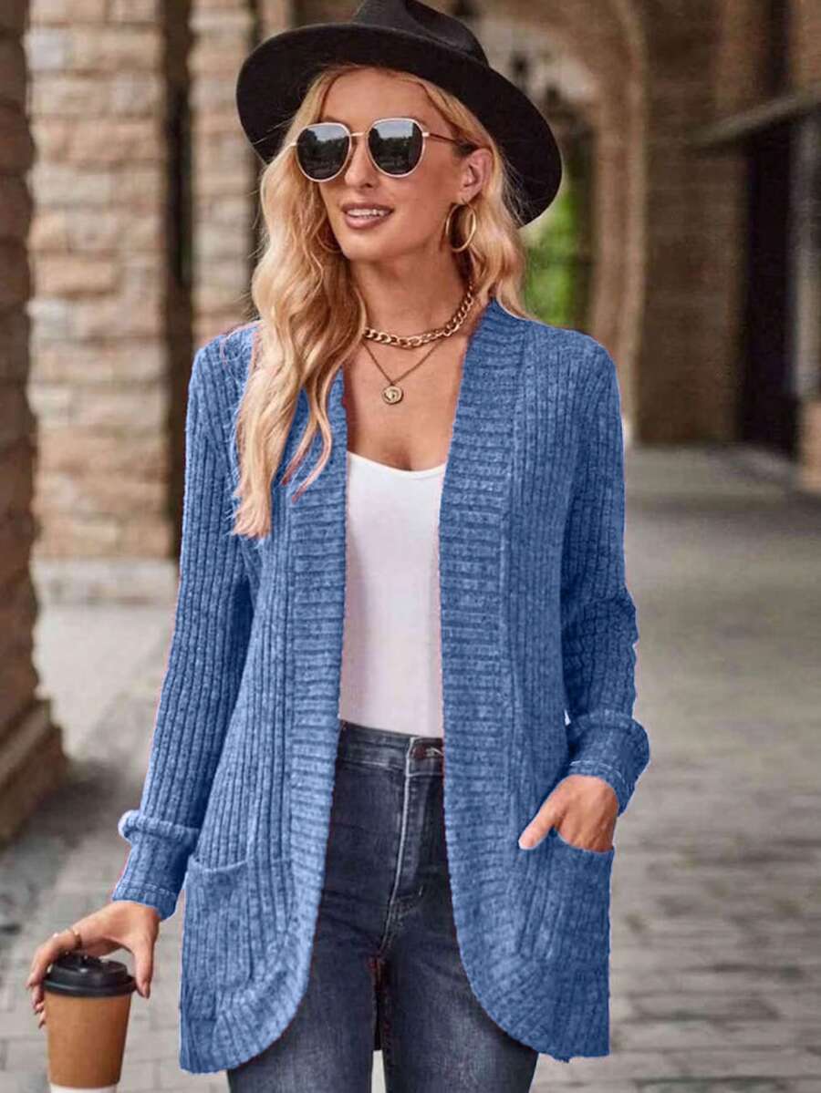 SHEIN LUNE 女士休闲罗纹磨毛开襟侧袋短裤薄外套 - 藍色 - 查看 1