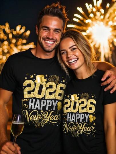 Manfinity Homme 男士休闲2026新年图案圆领T恤