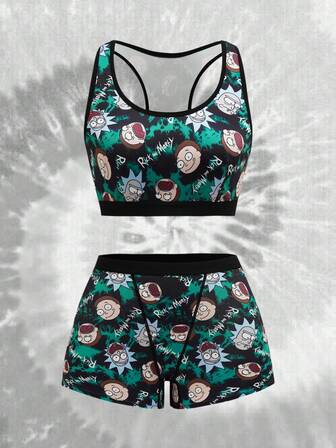 Rick and Morty X SHEIN Bekvämt set med batikfärgat mönster och brottarrygg för kvinnor, boy shorts