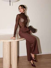 Bris Aura 斯德哥尔摩风格，女士教师装，秋季时尚，高领高领针织上衣，优雅秋冬衬衫，网眼长袖衬衫，商务休闲女士基本款上衣 - 棕色 - 查看 5